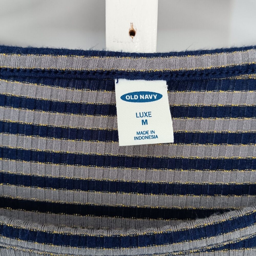 Gap Shirt Womens Medium Blue Gray Striped Metallic Gold Thread Long Sleeve Top - Picture 5 of 6
